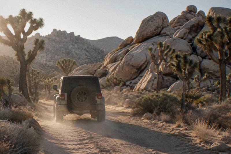 A jeep without markings driving a dirt road through Joshua trees and boulders in the Mojave Desert