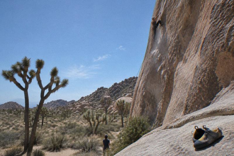 A climber seen from a distance on a monzogranite rock face in Joshua Tree National Park